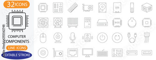 Obraz na płótnie Computer Components and Hardware Line Icons