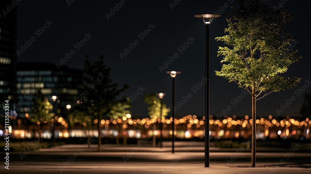 Fototapeta premium Illuminated trees and lampposts line a path at night with distant city lights