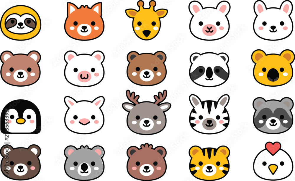 Fototapeta premium Cute Animal Avatar Icon Set Featuring Kawaii Style Bear, Tiger, Giraffe, Sloth, and Penguin Faces for Children Graphic Designs, Stickers, and App Interfaces