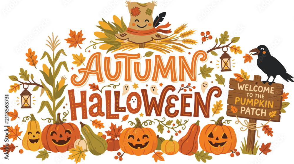 Naklejka premium Fall harvest and Halloween celebration banner with jack-o-lantern pumpkins, autumn leaves, scarecrow, and lettering composition