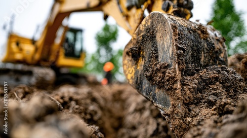 Close-up of excavator bucket scooping dirt, with blurred machinery and worker