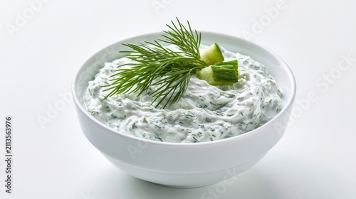 Creamy white dip with herbs, cucumber, and dill in a bowl