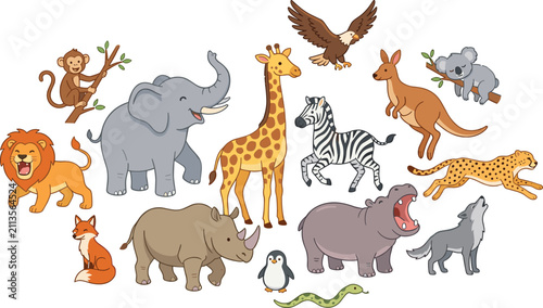 Photography Wild Animal Character Set with Lion, Elephant, Giraffe, Zebra, Kangaroo, Eagle,