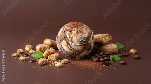Tiramisu Ice Cream Scoop Dusted with Cocoa Powder, Ladyfinger Biscuits, Coffee Beans and Espresso Drizzle
