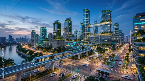 A vibrant cityscape at dusk featuring modern skyscrapers, a winding elevated train, and busy streets illuminated by city lights.