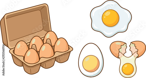 Foto Eggs in a Carton with a Fried Egg and Cracked Eggs Illustration Featuring Breakf