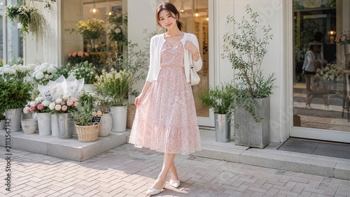 Young Woman in Floral Dress Outside a Bright Flower Shop Boutique