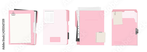 Pink document folders with paper clips and notes. Vector design templates. A set of vector mockups featuring pink folders.