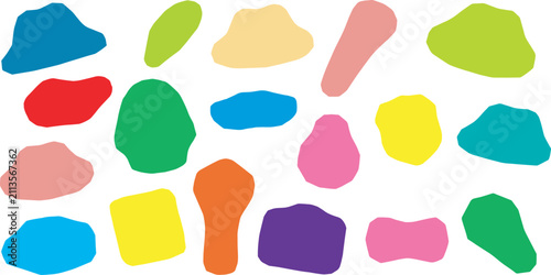A vibrant collection of colorful, abstract, organic shapes scattered across a white background, evoking a sense of playful creativity and diversity.