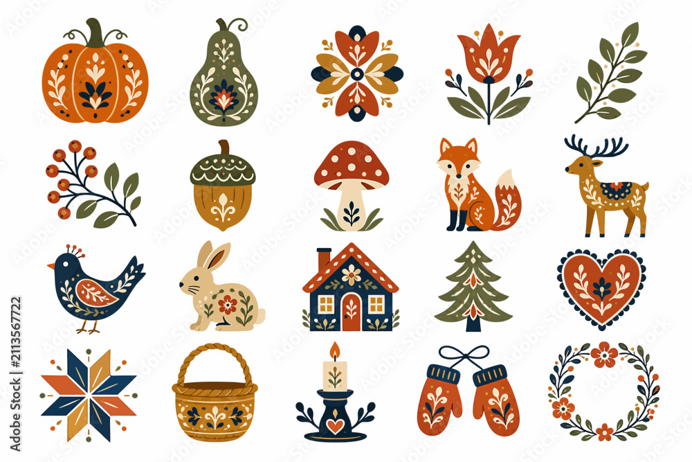 Fototapeta premium Scandinavian Folk Pumpkin and Autumn Icon Pack Vector