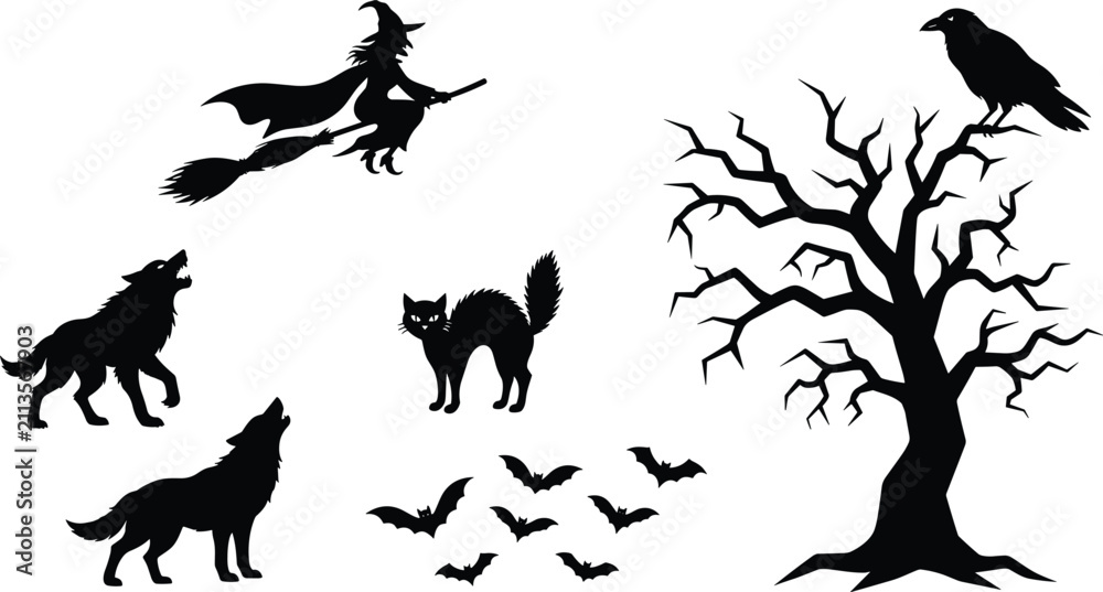 Naklejka premium Halloween Silhouette Vector Set Featuring Witch Flying on Broom, Howling Wolves, Black Cat, Bats, Raven, and Dead Tree for Spooky Design Projects