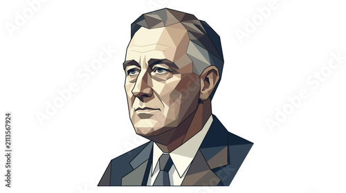 Low poly geometric portrait illustration of Franklin Delano Roosevelt on a white background.