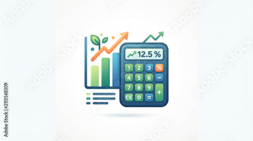 Agricultural analytics chart with calculator. Green farming growth data and profit icon.