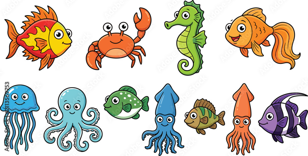 Obraz premium Cute Cartoon Sea Creatures Vector Icon Collection Featuring Friendly Fish Crab Seahorse Jellyfish Octopus Squid and Sea Life Characters Isolated on White Background
