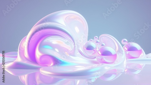 Iridescent liquid forms, swirling shapes, glossy reflections. Soft pastel colors create dreamy, abstract composition. Smooth surfaces suggest fluidity.