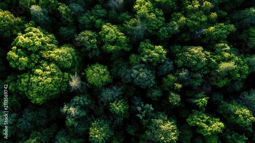Dense green forest canopy viewed from directly above in warm sunlight