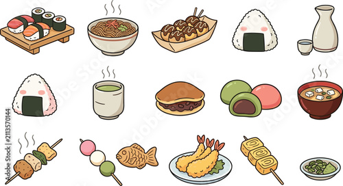 Fotografie Cute Japanese Food Cartoon Icon Set Featuring Traditional Cuisine Sushi Ramen Ta