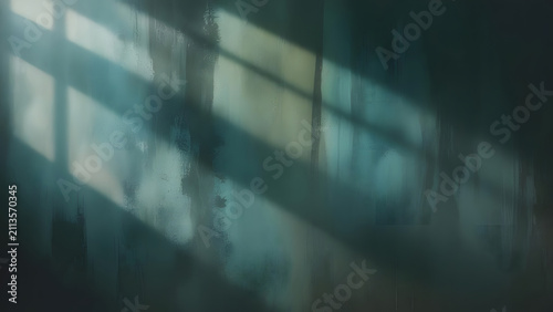Abstract light patterns on textured wall, moody blue and yellow hues, atmospheric interior shadow play