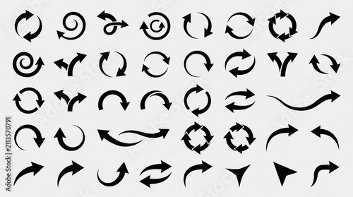 Create a dynamic vector collection of curved directional arrows arranged in a balanced composition on a light gray background. Feature a variety of sweeping arrow designs with smooth arcs, tapered tai