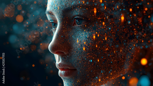 Abstract portrait of a woman's face with glowing particles and bokeh effects