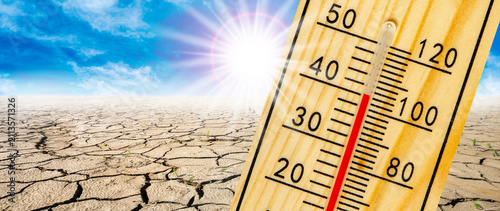 Canvas Print Thermometer zeigt 40 Grad Celsius bei blauem Himmel, strahlender Sonne über ausg