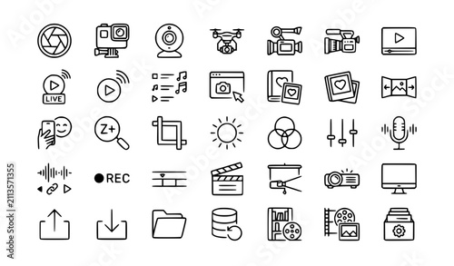 Fotografie Minimal Photo Video Media Outline Icon Set Camera Recording Gallery Vector Pack