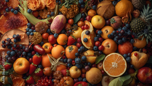 Abundant Assortment of Fresh Fruits and Berries, Healthy Food Variety, Vibrant Colors