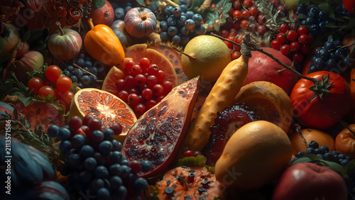 Abundant Harvest: Assortment of Fresh Fruits and Vegetables in Rich Colors