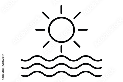 Sun shining above simple wavy water icon
