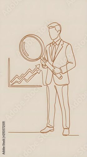 Line art of businessman inspecting growth chart with magnifying glass.