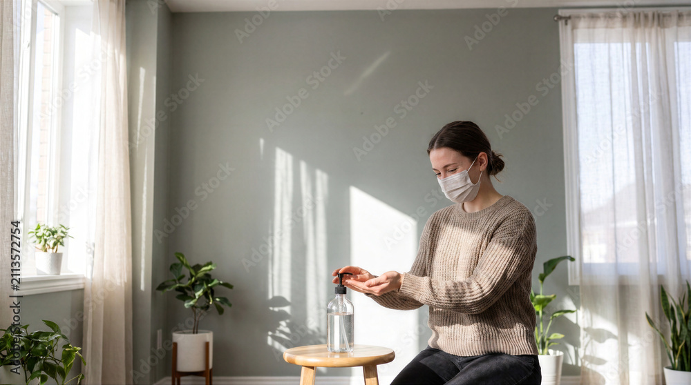 Fototapeta premium Woman wearing a medical mask and applying hand sanitizer at home. Autumn cold and flu prevention, hygiene, infection control and immunity concept.