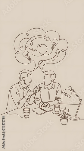 Line art of business people collaborating at desk.