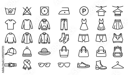 Minimal Clothing and Fashion Line Icon Set Including Apparel Accessories Laundry and Wardrobe Essentials