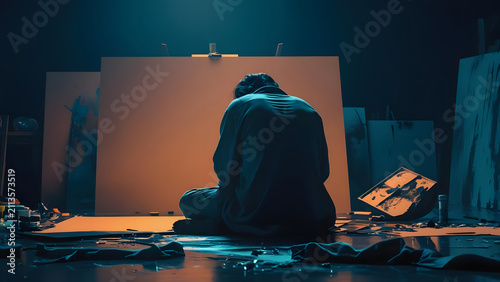 Artist Sitting In Studio, Facing Blank Canvas, Creative Block, Low Light
