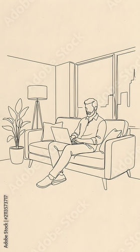 Line art of man working on laptop sitting on sofa.