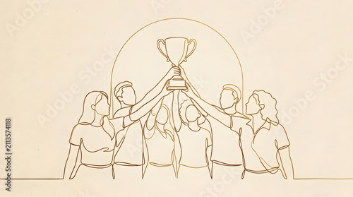 Triumphant group raising trophy together in continuous line art style.