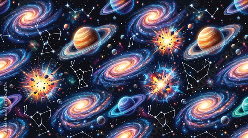 Vibrant Cosmic Galaxy and Planet Pattern with Constellations and Explosions