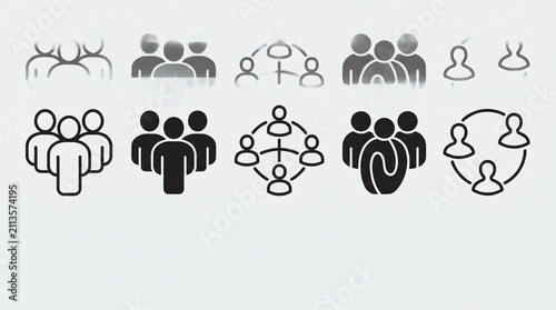 Create a minimalist vector icon set featuring group and community symbols displayed side by side on a light gray background. Include two variations of a three-person group icon: one rendered as a clea