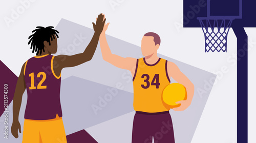 Foto Basketball players high-fiving on court, showing teamwork and sportsmanship