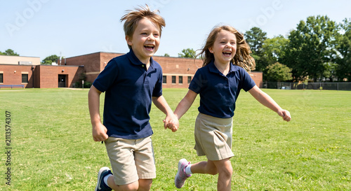Two happy young children in school uniforms running and holding hands on a sunny grassy field with a school building in the background.