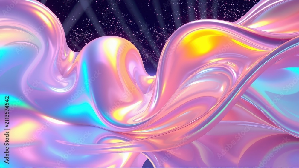 Fototapeta premium Abstract fluid shapes, iridescent colors, flowing forms. Light reflects, creating dynamic visual experience. Dark background emphasizes luminosity.