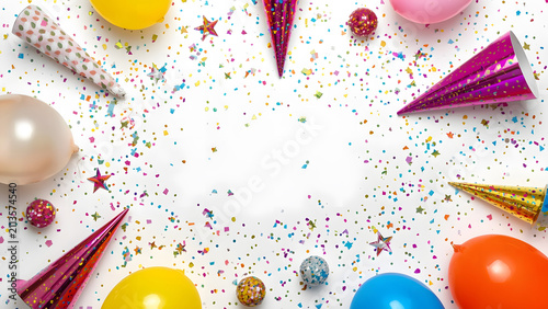 Birthday Party Celebration with Confetti, Balloons, Party Hats, and Noise Makers