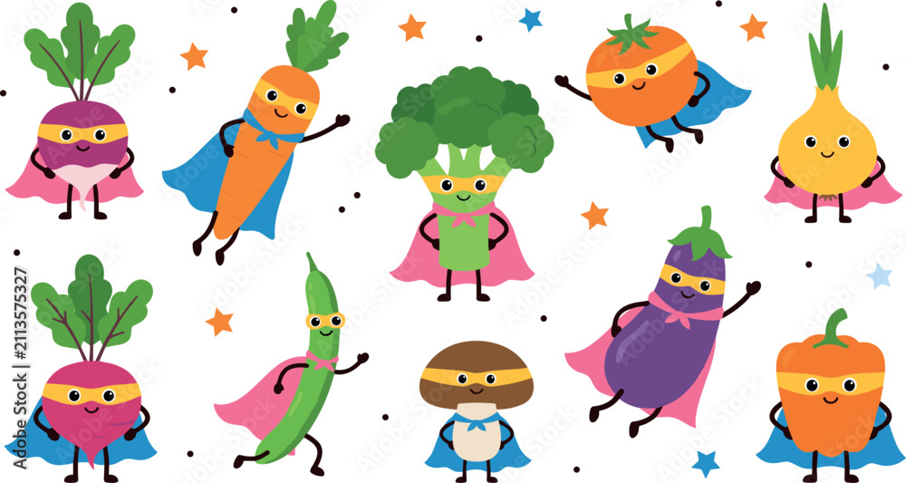 Fototapeta premium Cute Superhero Vegetable Character Set with Cape and Mask Including Carrot, Broccoli, and Tomato for Healthy Food Designs