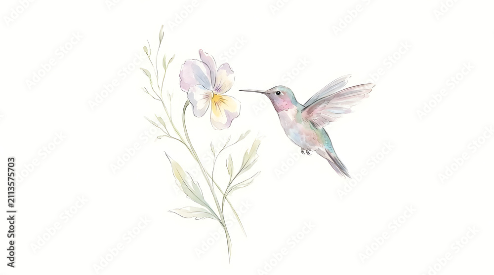 Fototapeta premium Watercolor hummingbird hovering near delicate flower bloom.