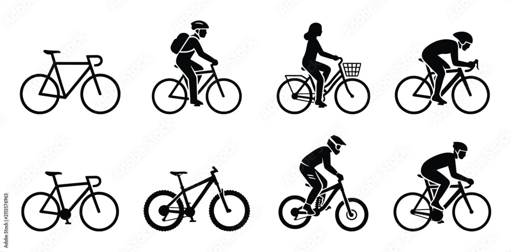 Obraz premium Bicycle Silhouettes with Cyclists in Various Poses and Bike Types on White Background Vector Illustration