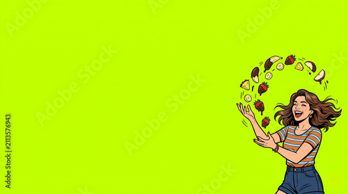 A young woman mid-laugh, tossing chocolate-dipped fruit into the air like a juggler. Positioned in the lower right corner. Solid electric lime green background.