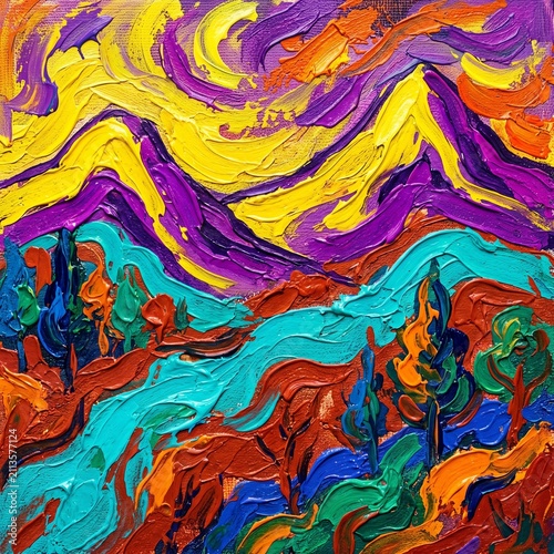 Vibrant abstract landscape painting with thick impasto brushstrokes and bold colors