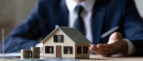 Businessman gesturing toward a miniature house model with coins and currency