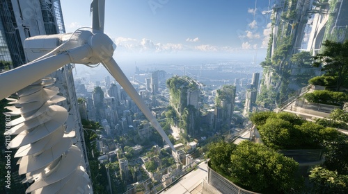 Futuristic city with lush greenery, wind turbines, and soaring skyscrapers