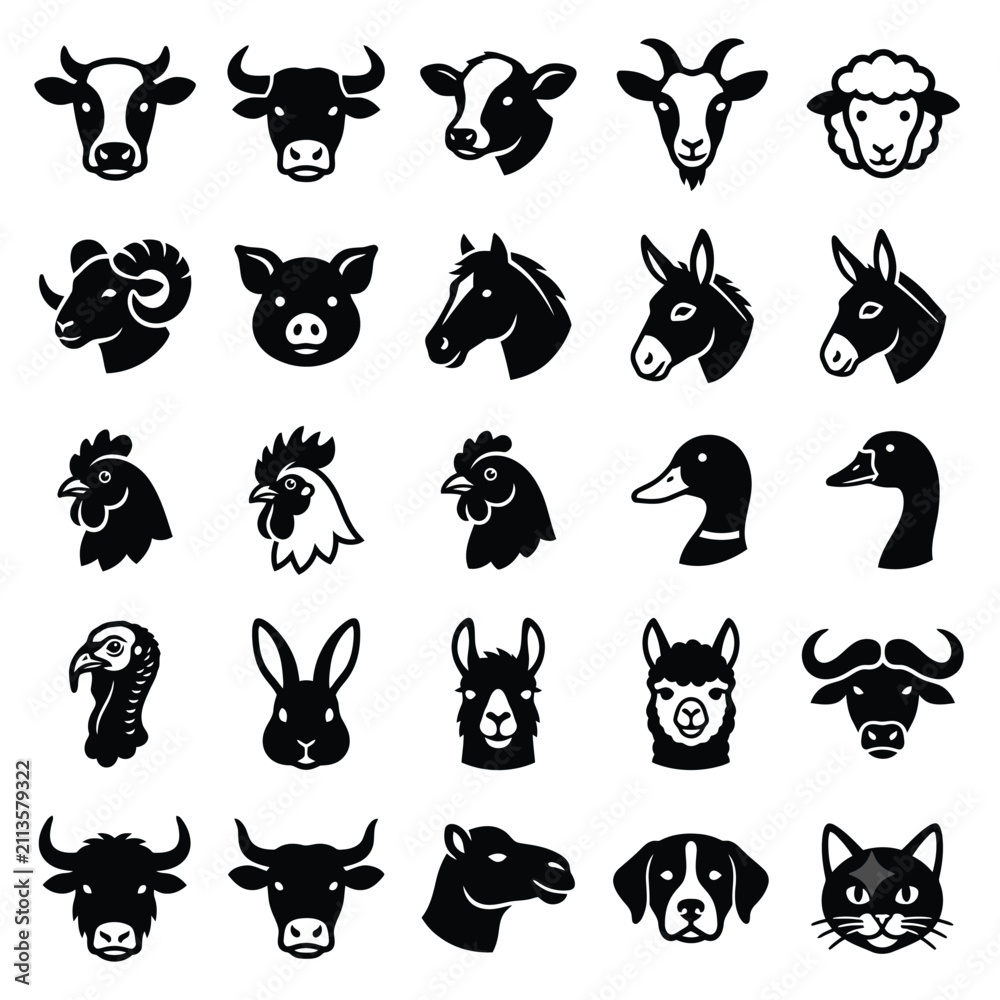 Naklejka premium Farm animal head silhouettes collection on a white background livestock and poultry icons